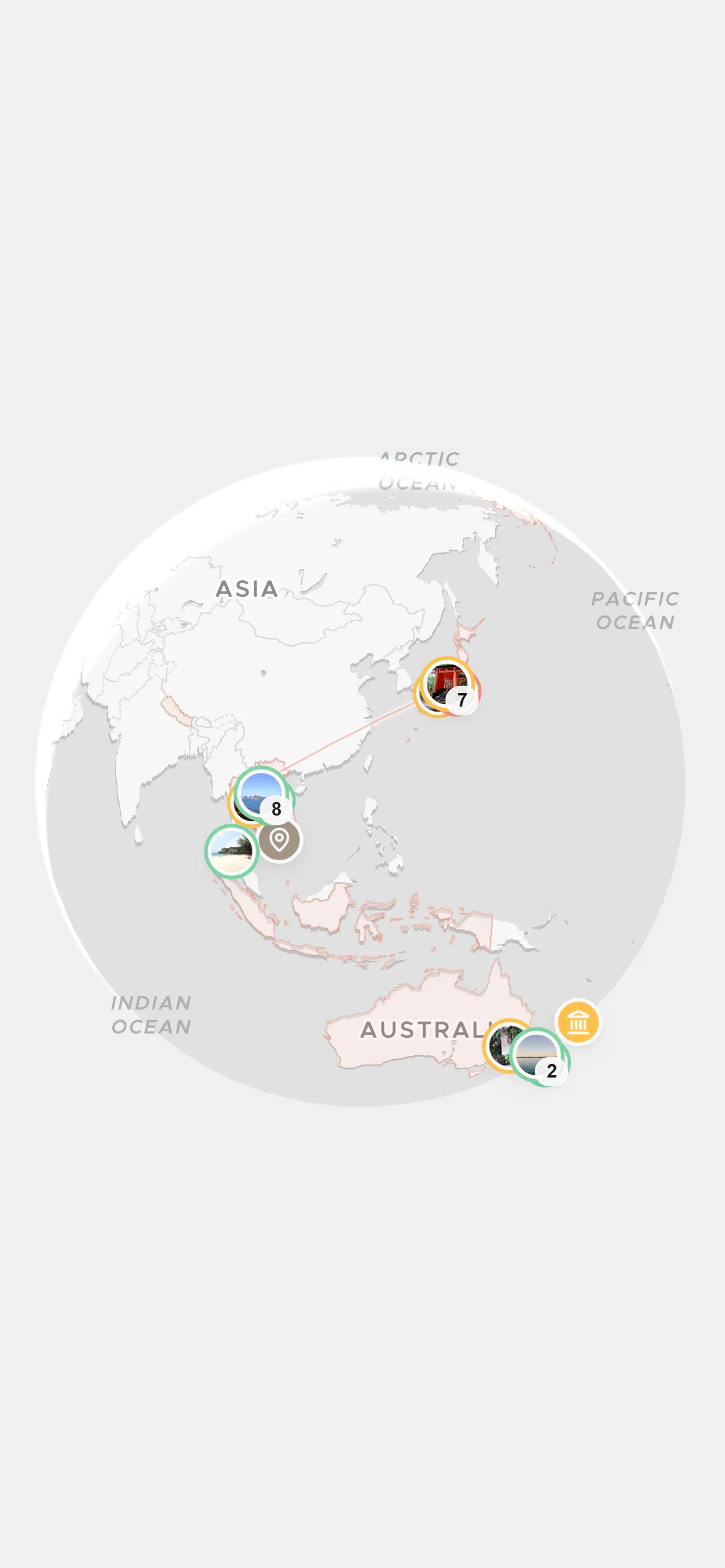 Wandria's 3D globe tilted over the Pacific, visited countries glowing and a flight arc curving over the edge of the earth.